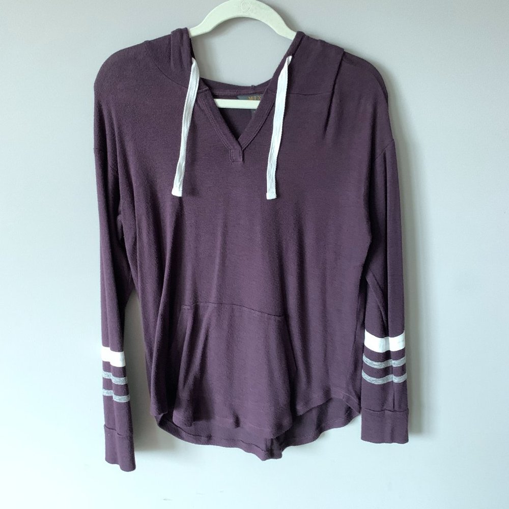 Soft & Cozy - Long Sleeve Top - Purple w/ Stripes on Sleeve - Tie Neck & Hood